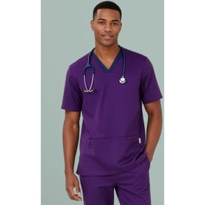 A men's purple scrub top features a v-neck design and a pocket, complemented by a stethoscope.