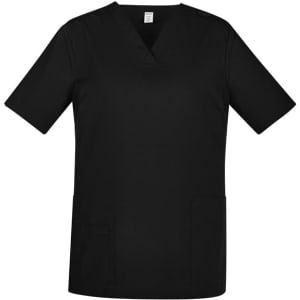 A black women's scrub top featuring short sleeves and two front pockets. Includes a logo on the fabric.