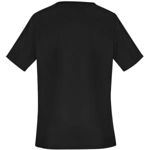 A women's scrub top in solid black, featuring short sleeves and a simple design. It includes a logo on the garment.