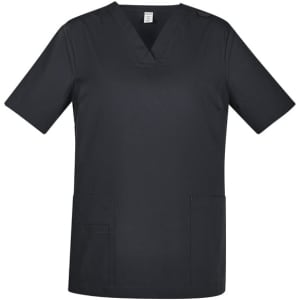 A women's scrub top in dark black, featuring short sleeves and two front pockets. It has a logo present.