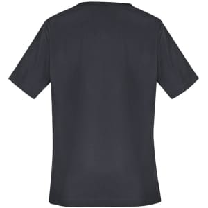 A black women's scrub top with short sleeves and a simple design, featuring a logo.
