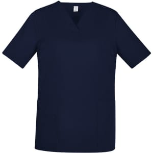 A navy blue women's scrub top with short sleeves and two front pockets, featuring a logo.