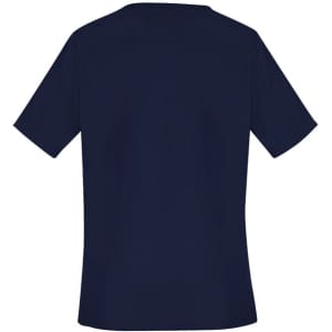 A navy scrub top with short sleeves and a simple design, featuring a logo on the back.