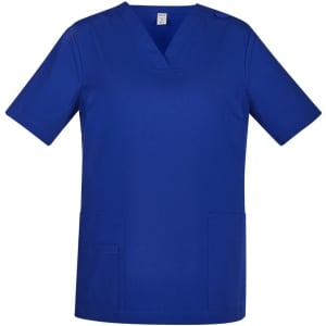 A blue women's scrub top with short sleeves and two front pockets, featuring a logo.