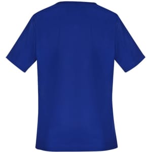 A blue women's scrub top with short sleeves and a simple design. Features a logo on the fabric.