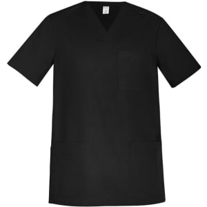 A black men's scrub top featuring a v-neck design and two front pockets. It has a logo on the upper left.