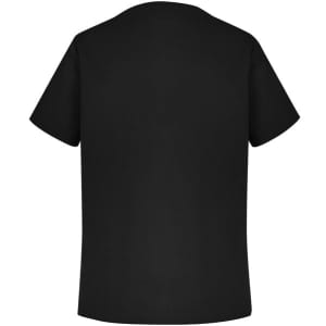 A black scrub top with short sleeves, featuring a logo on the back. Suitable for uniforms in healthcare settings.
