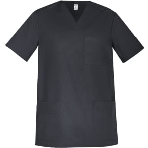 A black men's scrub top featuring short sleeves and multiple pockets. It includes a logo on the front.