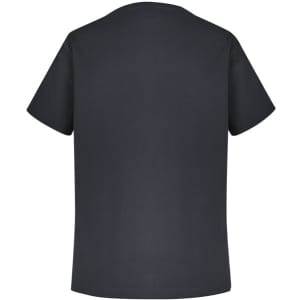 A black scrub top with short sleeves and a simple design, featuring a logo on the back.