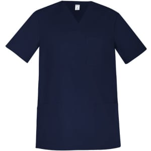 A navy blue men's scrub top featuring short sleeves and multiple pockets. It has a branded logo.