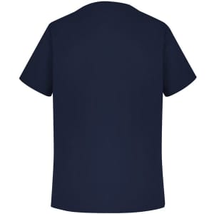 A navy blue men's scrub top featuring short sleeves and a simple design, with a logo on the back.