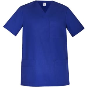 A blue men's scrub top featuring short sleeves and multiple pockets, with a logo displayed.