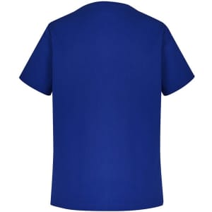 A blue men's scrub top with short sleeves and a simple design. The back view shows a smooth, unadorned surface.