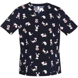 A navy scrub top featuring various playful animal prints and a logo on the fabric. Ideal for uniform wear.