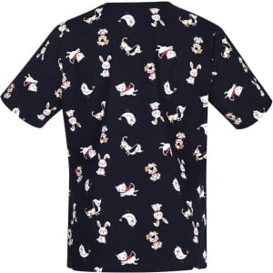 A navy scrub top with a playful printed pattern featuring various animals and characters. It includes a logo.