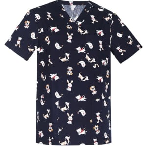 Mens printed scrub top in navy featuring a playful pattern of animals and various designs. Includes a logo.