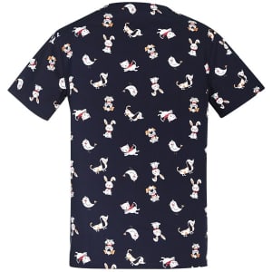 A navy scrub top featuring a whimsical print of animals and flowers, with a logo on the fabric.