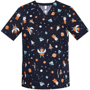 A navy scrub top featuring a space-themed print with planets, rockets, and astronauts. Includes branding.