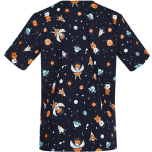 A women's short-sleeve scrub top featuring a navy background with colourful space-themed prints, including astronauts and planets.