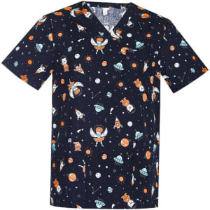 A navy scrub top featuring a fun space-themed print with planets, astronauts, and rockets. It has a logo.