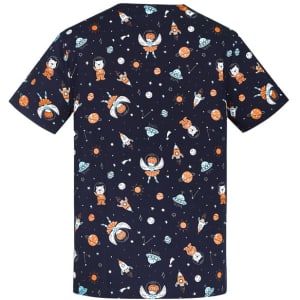 A navy scrub top featuring colourful space-themed prints, including astronauts, rockets, and planets, with a logo.