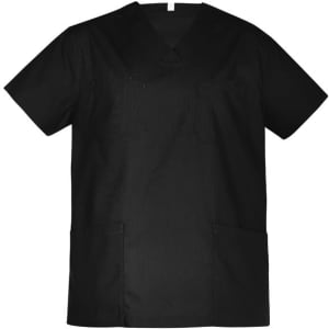 A black unisex scrub top with a V-neck, short sleeves, and pockets. It features a logo on the chest area.