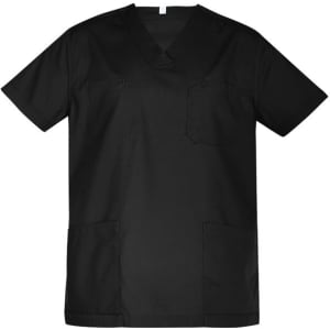 A black unisex scrub top with a V-neck, short sleeves, and pockets. It features a logo on the fabric.