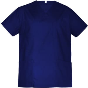 A unisex reversible scrub top in navy blue, featuring two front pockets and a modest V-neck design.