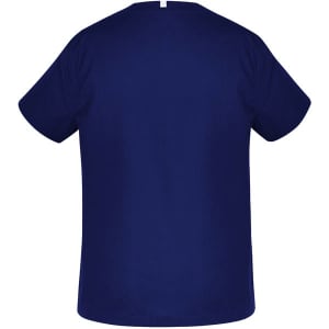 A navy blue unisex scrub top, featuring a simple design with short sleeves and a straight neckline. It has a logo.