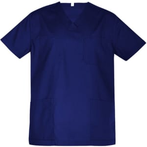 A unisex reversible scrub top in navy blue with multiple pockets and a logo.