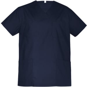 A navy unisex scrub top with a v-neck, short sleeves, and a chest pocket, featuring two front pockets.