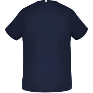 A navy unisex scrub top with a simple design and a small logo on the back. Reversible for versatile wear.