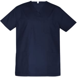A unisex navy blue reversible scrub top with short sleeves and multiple pockets, featuring a logo.