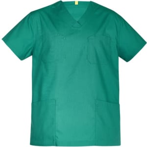 A unisex reversible scrub top in a vibrant teal colour, featuring a pocket and a logo.