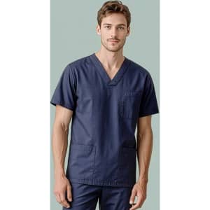 A navy scrub top featuring a v-neck design, short sleeves, and a chest pocket. The product includes a logo.