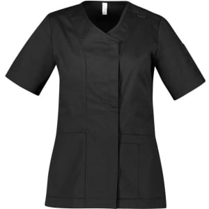 A black women's scrub top featuring a zip front and crossover design, with short sleeves and pockets.