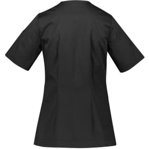 A black zip front crossover scrub top with short sleeves and a fitted design, featuring a logo on the side.