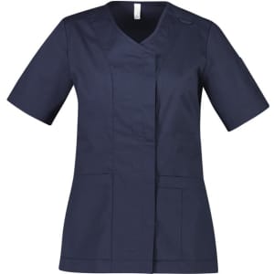 A navy blue women's scrub top with a zip front, crossover design, and short sleeves. Features pockets and a logo.