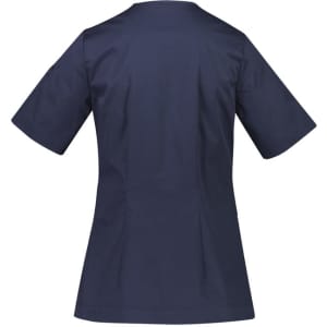 A navy scrub top with short sleeves and a zip front, featuring a fitted design and a logo on the sleeve.