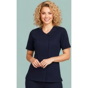 A navy blue women's scrub top with a zip front and crossover design, featuring short sleeves and a fitted style.