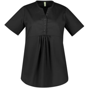 A black women's tunic scrub top featuring a buttoned placket and short sleeves with a gathered waist.