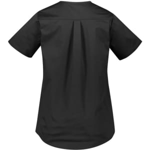A women's black tunic scrub top with short sleeves and a pleated back design. It features a logo on the fabric.