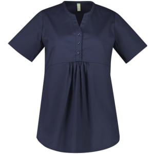 A navy blue women's tunic scrub top with a buttoned placket and short sleeves, featuring a relaxed fit.