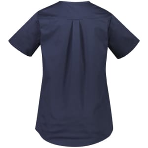 A navy women's scrub top with a short sleeve design and a pleated back. Features a logo on the garment.