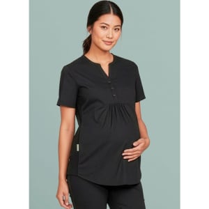 A black tunic scrub top with a button detail and side gathering, designed for pregnant women.