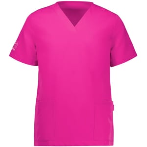 A pink V-neck scrub top featuring short sleeves and two front pockets, with a logo on one sleeve.
