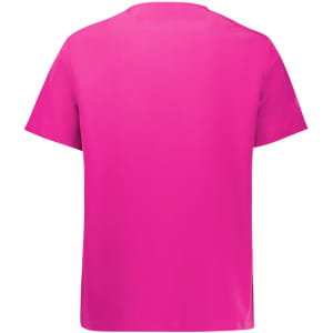 A pink V-neck scrub top featuring short sleeves and a plain back, includes a logo.