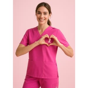 A woman in a bright pink V-neck scrub top makes a heart shape with her hands. The top has a logo.