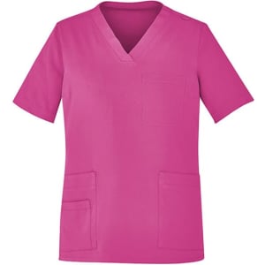 A unisex pink V-neck scrub top featuring short sleeves and multiple pockets.