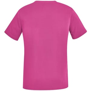 A unisex pink V-neck scrub top with short sleeves and a plain design. The back view is displayed.